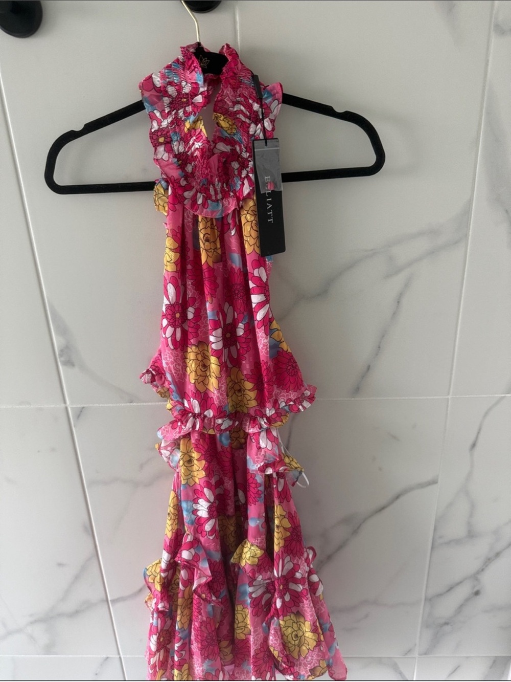 Elliatt Pink Floral Ruffle Halter Maxi Dress